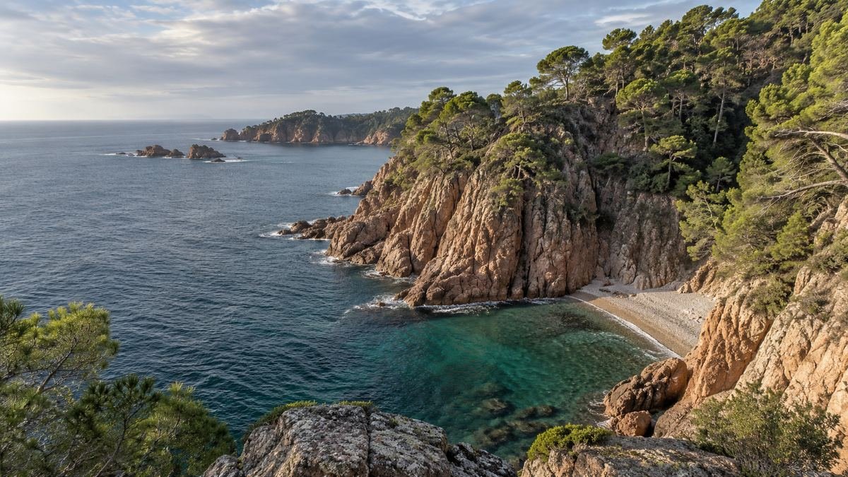 Skaliste wybrzeże Costa Brava z sosnami schodzącymi do małych zatoczek